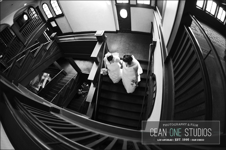 brides walking down stairs | Cean One Photography | Southern California Wedding Photographer | gay weddings