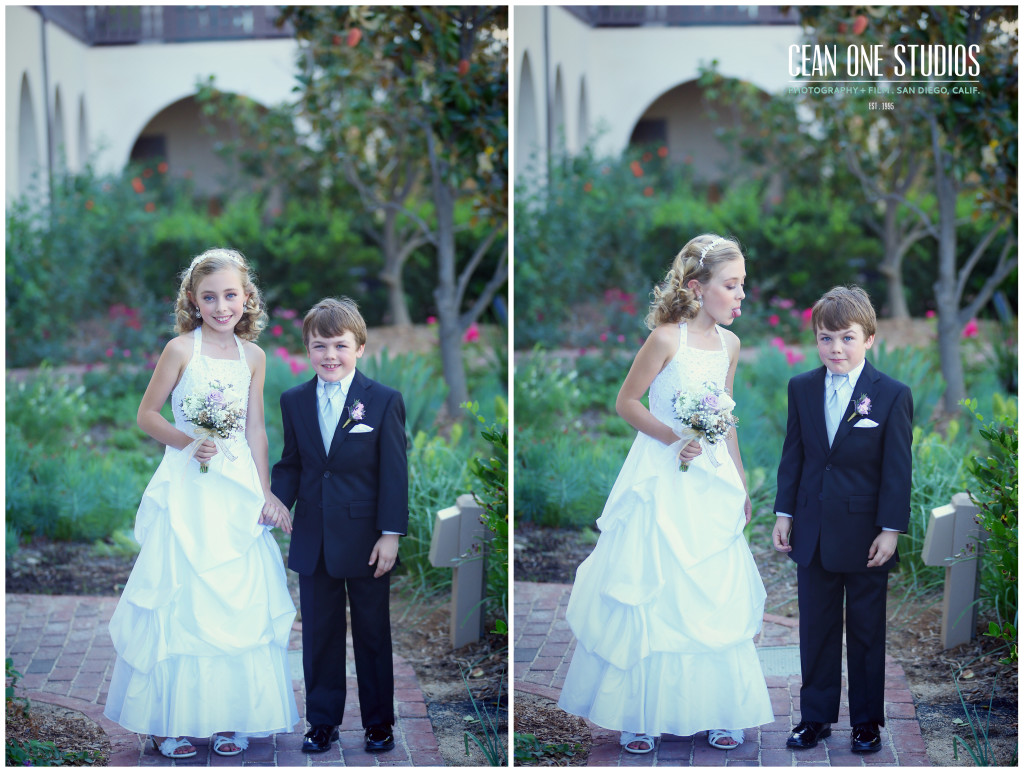 flower girl sticking out tounge at ring bearer | Cean One Photography | Southern California Photographers