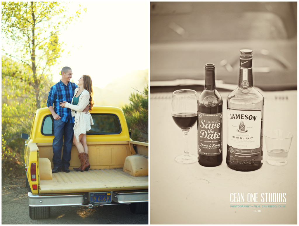 engaged couple yellow pick-up truck